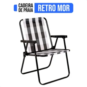 Cadeira De Praia Aço Xadrez Retro Jardim Piscina Camping Portátil Mor Cor Preto e Branco